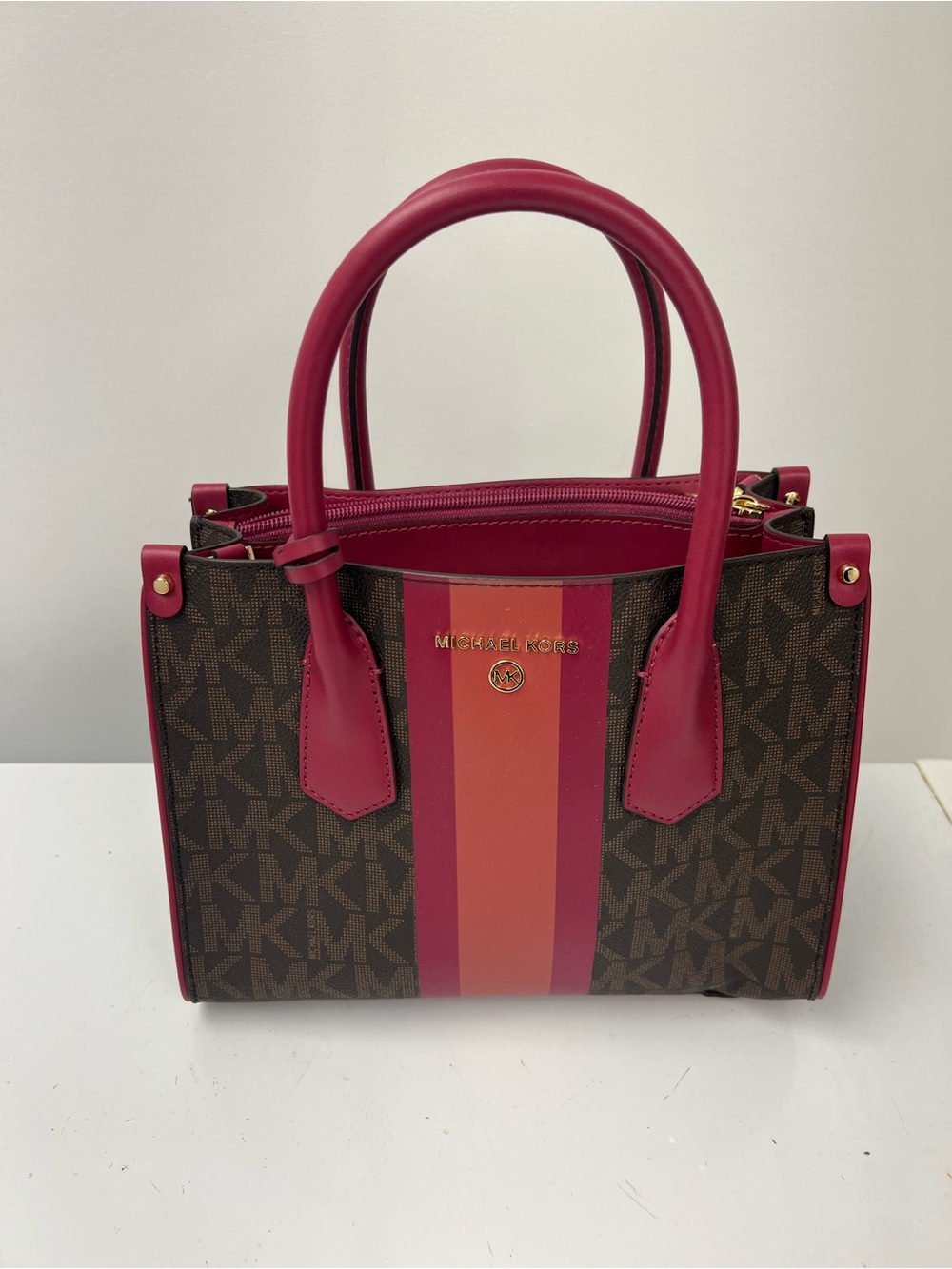 Michael Kors Brown Logo Satchel with Pink and Red Center Stripe